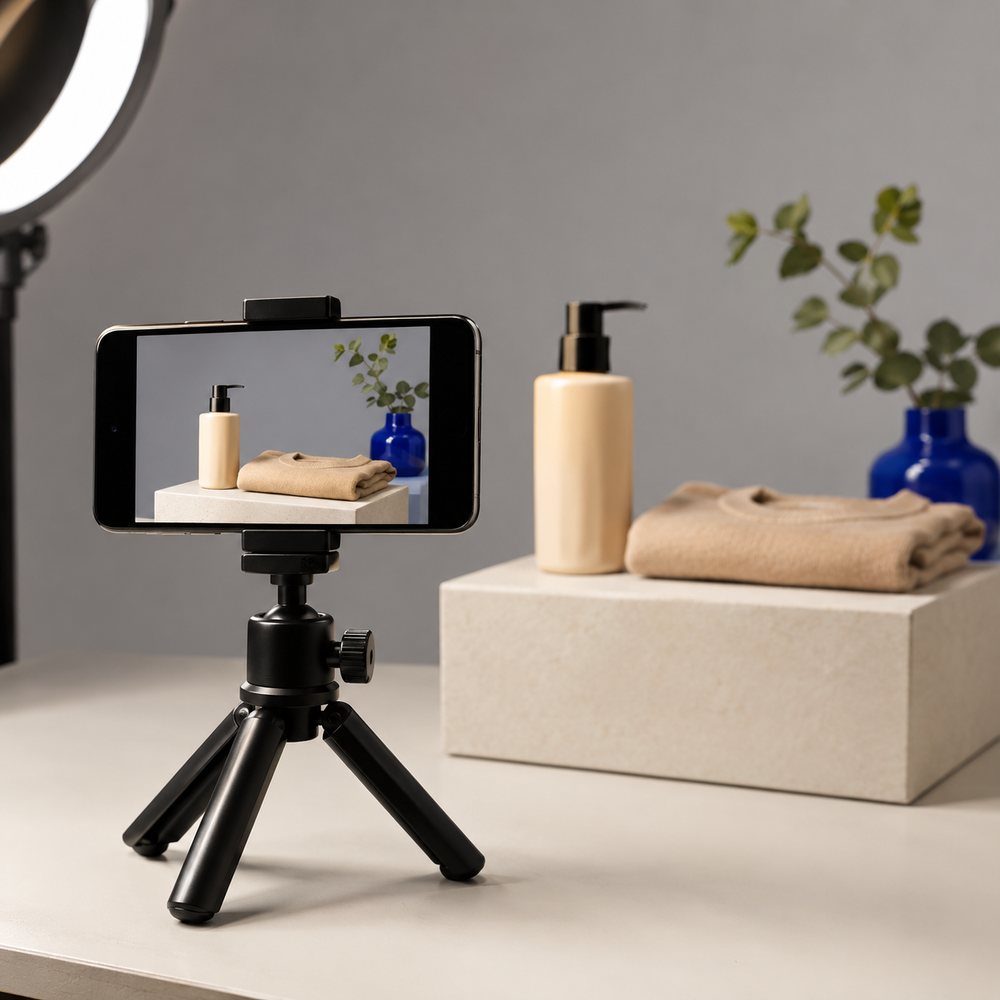 A social media content shoot: a phone on a tripod filming a styled product arrangement, with the shot visible on its screen